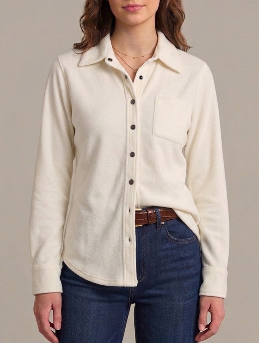 XS Club Monaco Cream Off-White Button-Up Long Sleeve Fleece Shirt